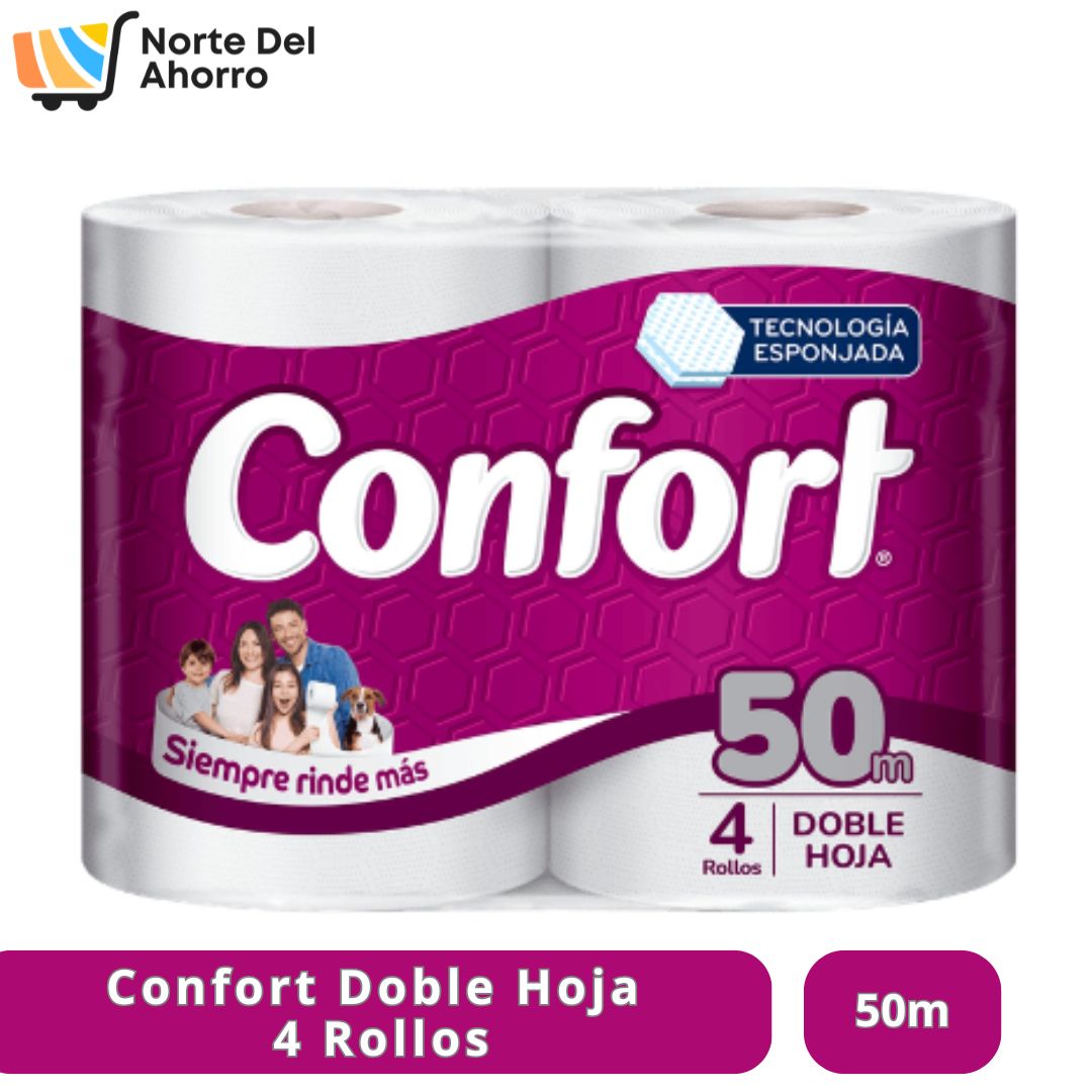Confort 4 Rollos Doble Hoja 50m | Suavidad y Rinde